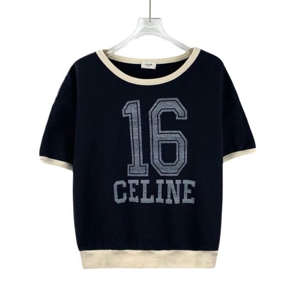 Celine Deep Blue Logo Letter Print Cotton Crewneck Short-Sleeve T-Shirt - Picture 1 of 9
